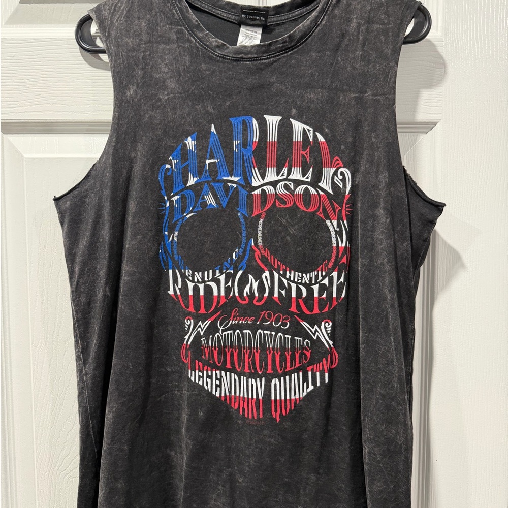 Harley-Davidson Black Muscle Tee with Red, White, and Blue Skull Design